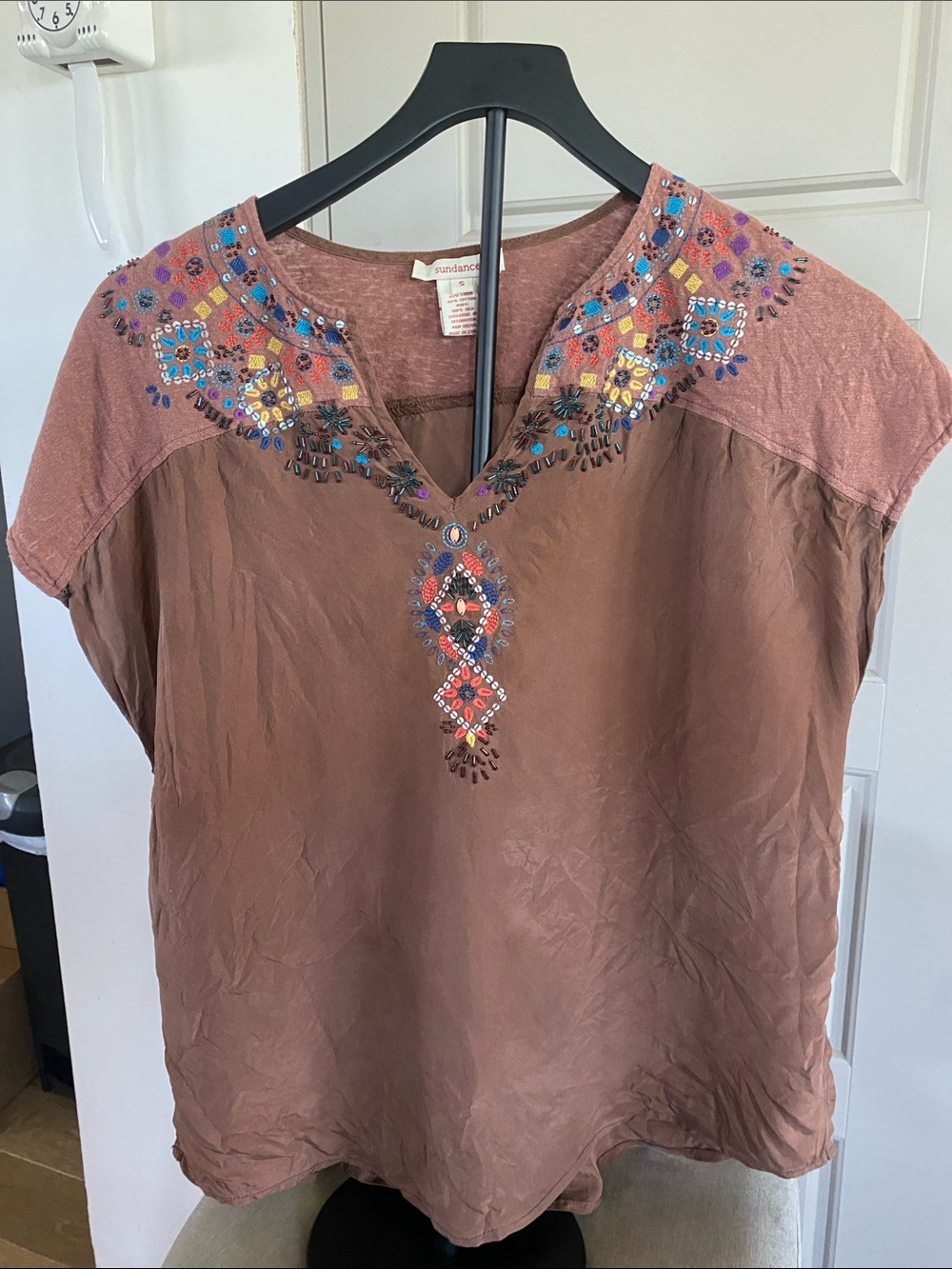 Sundance Silk Brown Embroidered V-Neck Women's Top- Small